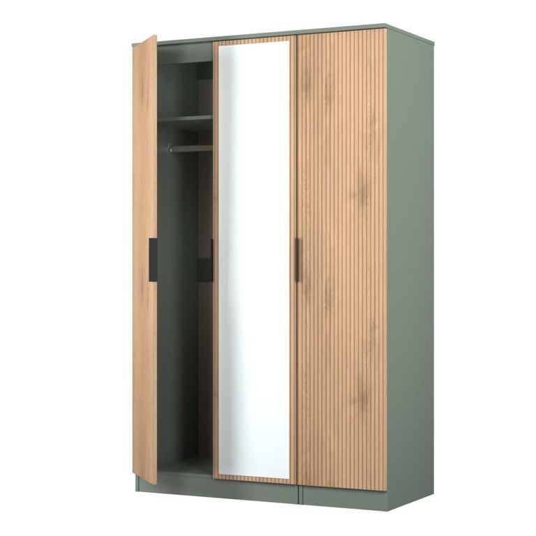 Java Fluted Wardrobe - 3 Door - Triple - 1 Mirror - Natural and Reed Green