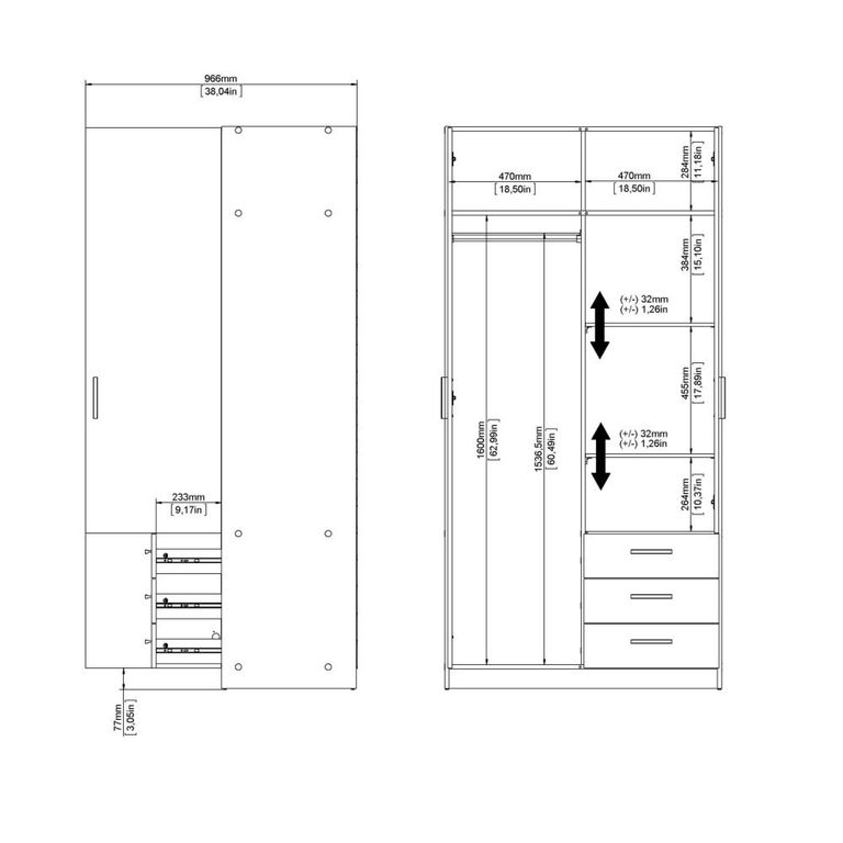 Sprint Wardrobe - 2 Door - 3 Drawer - Cashmere