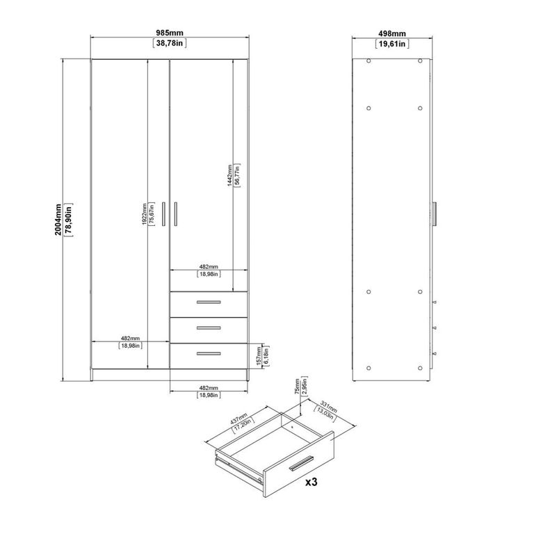 Sprint Wardrobe - 2 Door - 3 Drawer - Matt Grey