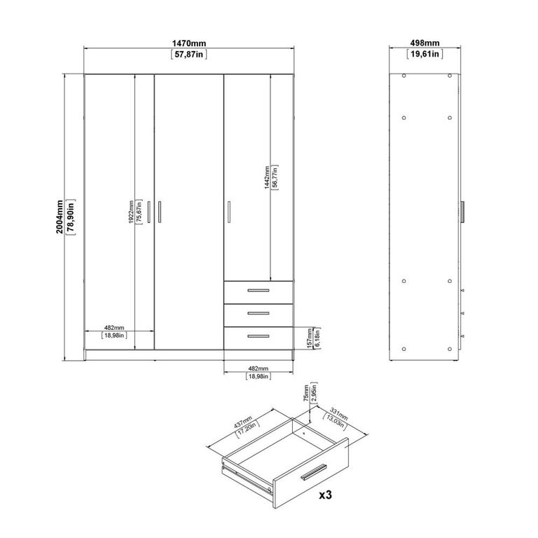 Sprint Wardrobe - 3 Door - 3 Drawer - Jackson Hickory