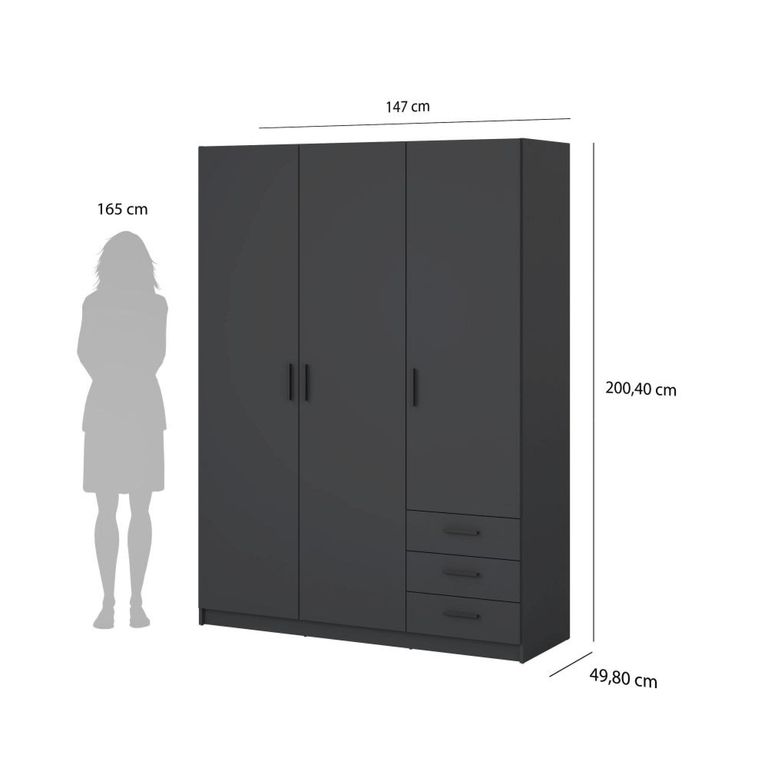 Sprint Wardrobe - 3 Door - 3 Drawer - Matt Grey