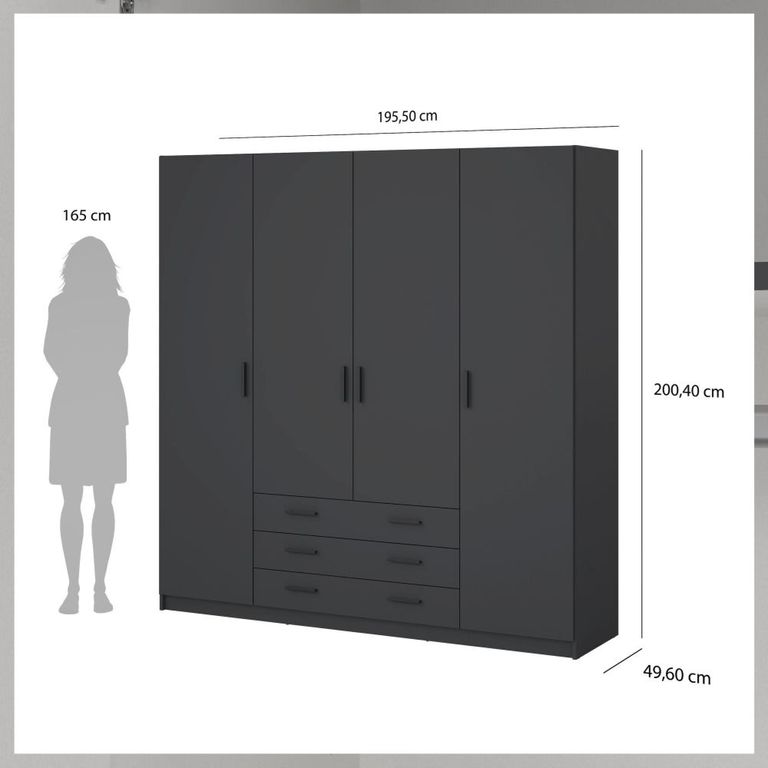 Sprint Wardrobe - 4 Door - 3 Drawer - Matt Grey