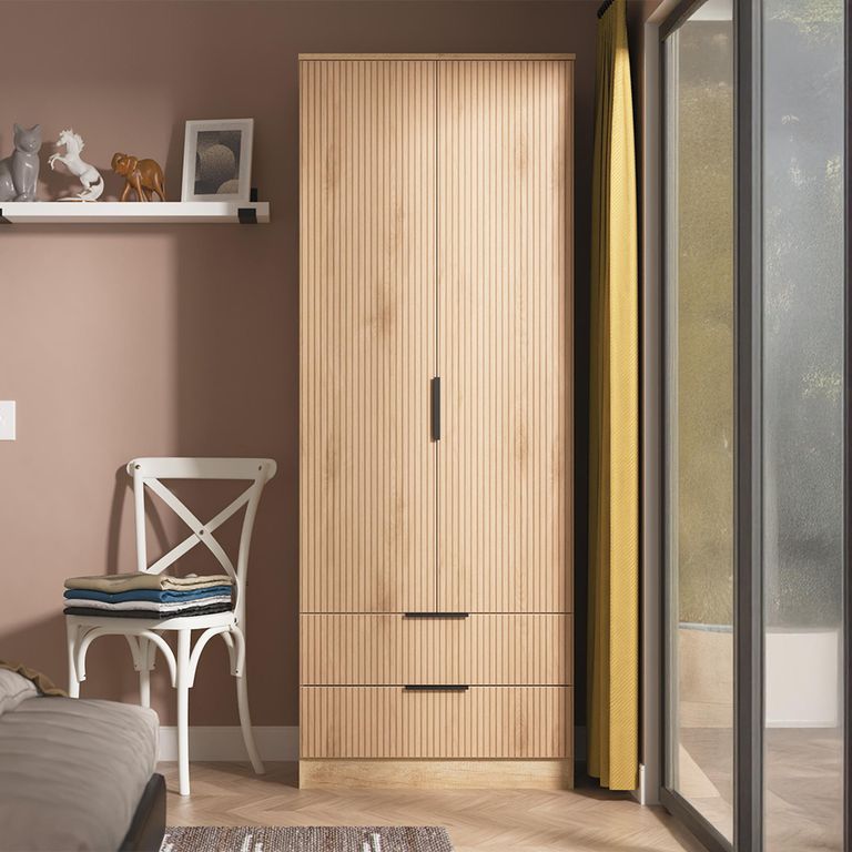 Java Fluted Wardrobe - 2 Door - 2 Drawer - Tall Robe - Natural and Nebraska