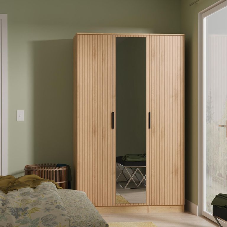 Java Fluted Wardrobe - 3 Door - Triple - 1 Mirror - Natural and Nebraska
