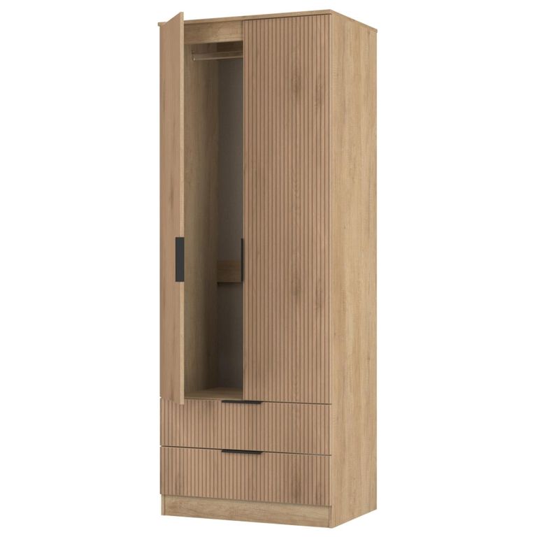 Java Fluted Wardrobe - 2 Door - 2 Drawer - Tall Robe - Natural and Nebraska
