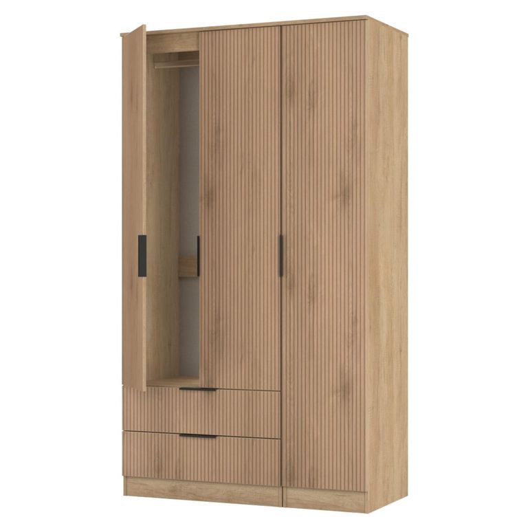 Java Fluted Wardrobe - 3 Door - 2 Drawer - Tall Triple - Natural and Nebraska