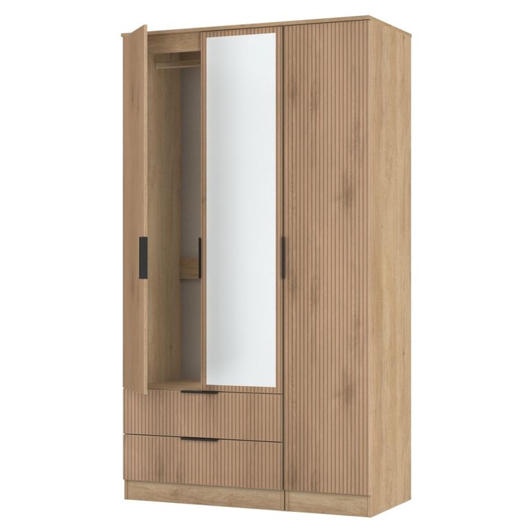 Java Fluted Wardrobe - 3 Door - Tall Triple Combi - 1 Mirror - Natural and Nebraska
