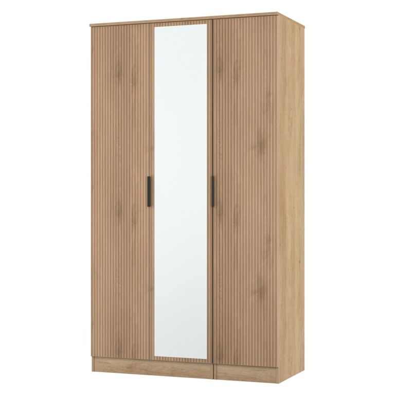 Java Fluted Wardrobe - 3 Door - Tall Triple Robe - 1 Mirror - Natural and Nebraska