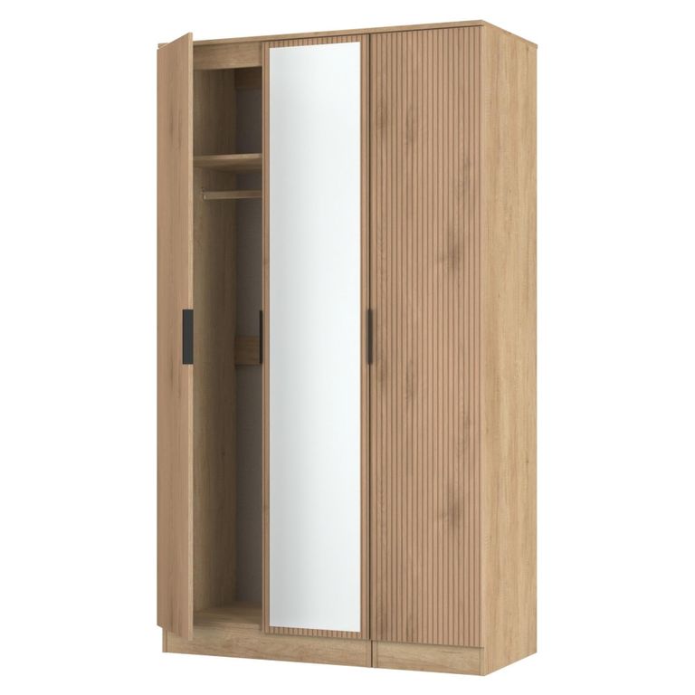 Java Fluted Wardrobe - 3 Door - Tall Triple Robe - 1 Mirror - Natural and Nebraska