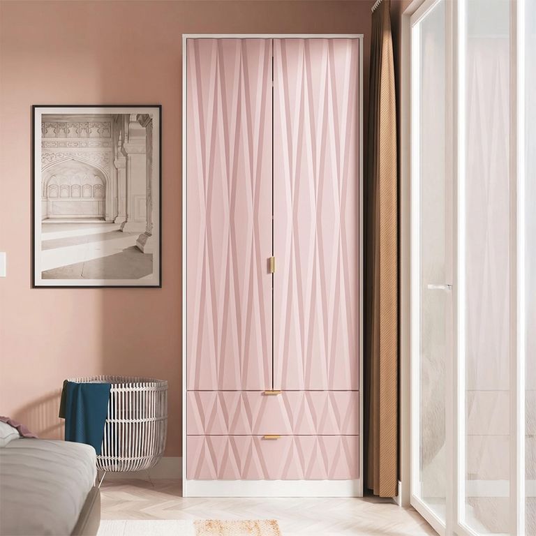 Diamond Tall Wardrobe - 2 Door - 2 Drawer - Pink and White