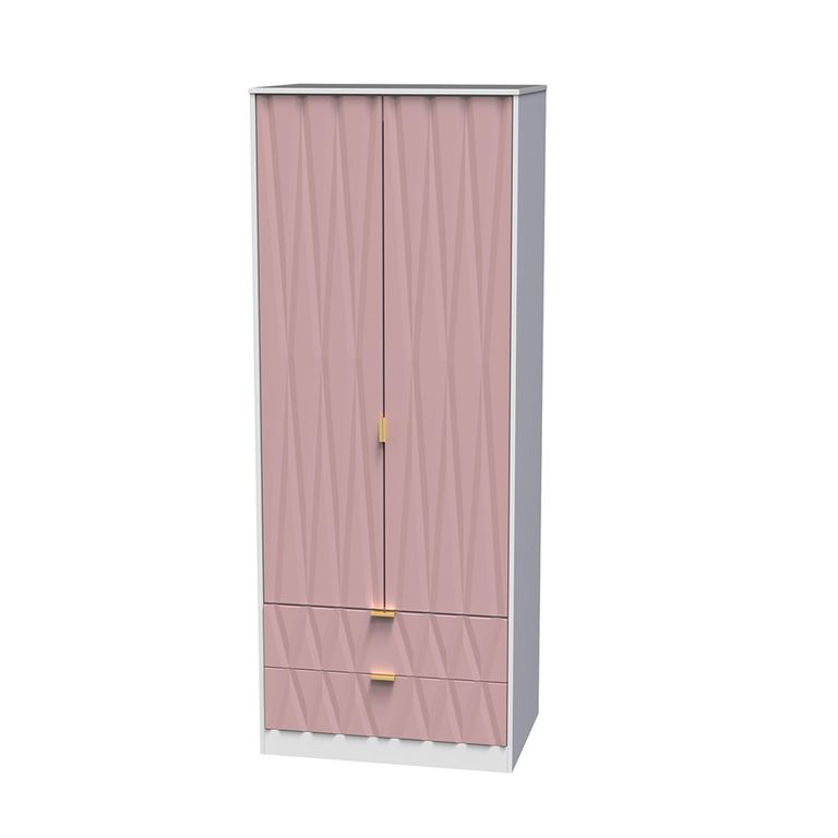 Diamond Tall Wardrobe - 2 Door - 2 Drawer - Pink and White