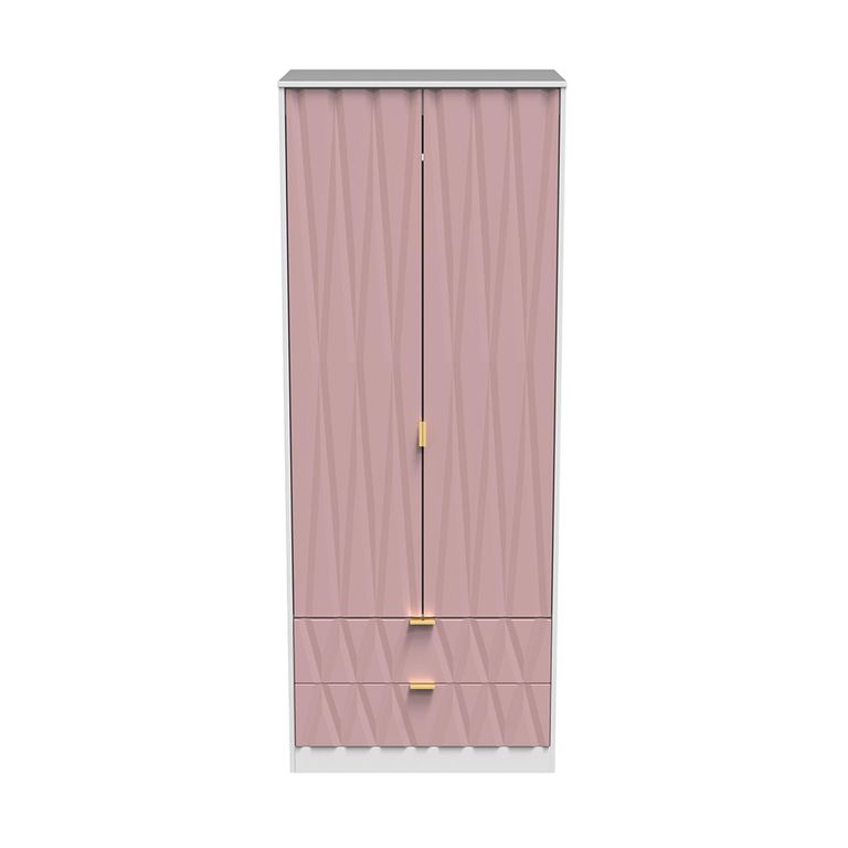 Diamond Tall Wardrobe - 2 Door - 2 Drawer - Pink and White
