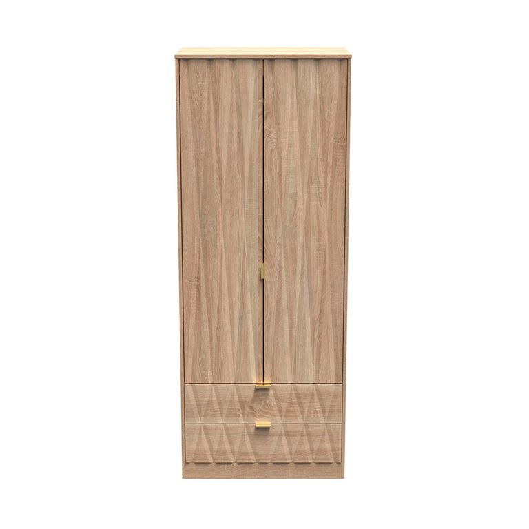 Diamond Tall Wardrobe - 2 Door - 2 Drawer - Oak