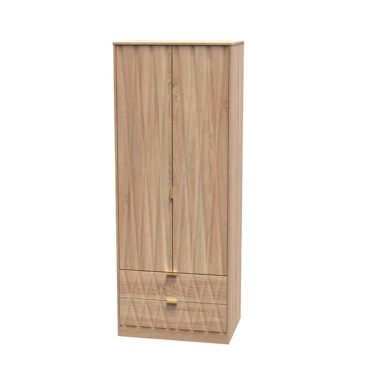 Diamond Tall Wardrobe - 2 Door - 2 Drawer - Oak