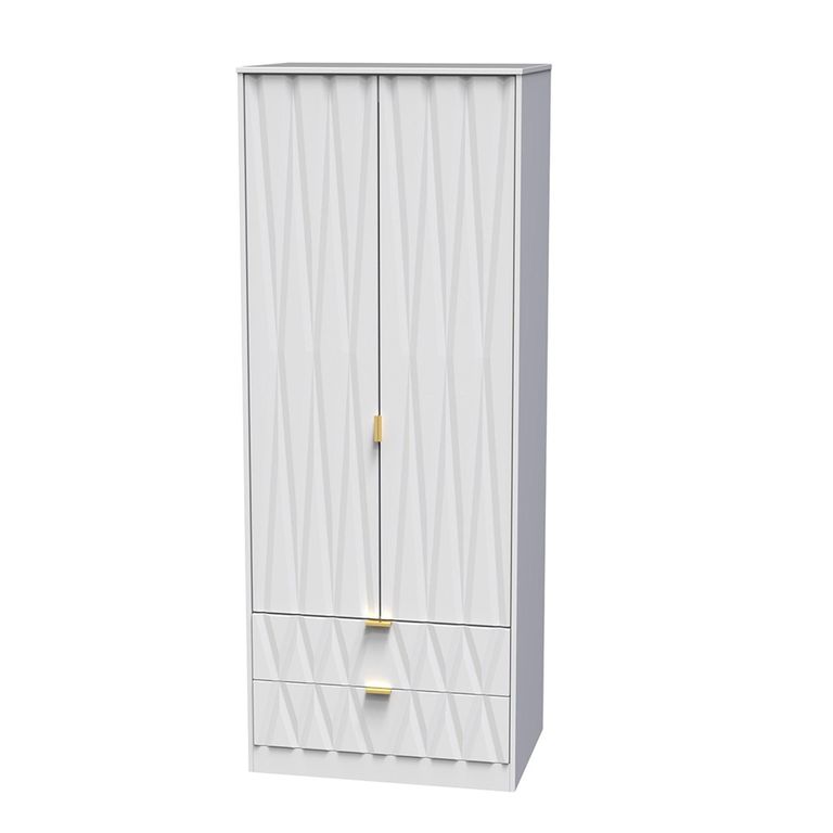Diamond Tall Wardrobe - 2 Door - 2 Drawer - White