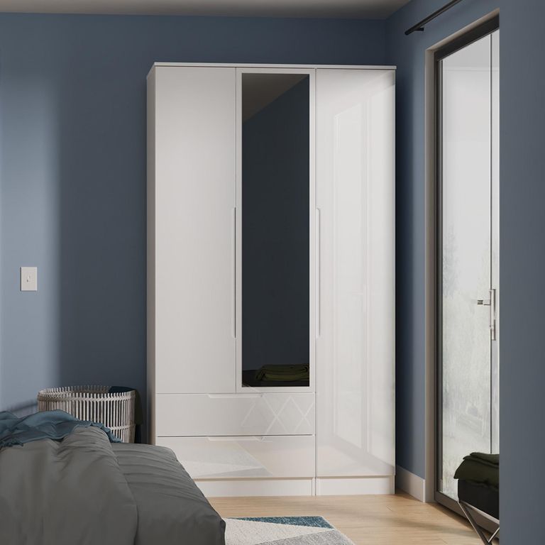 Milan Wardrobe - 3 Door - 1 Mirror - LHF 2 Drawer - Tall - Combi - White Gloss