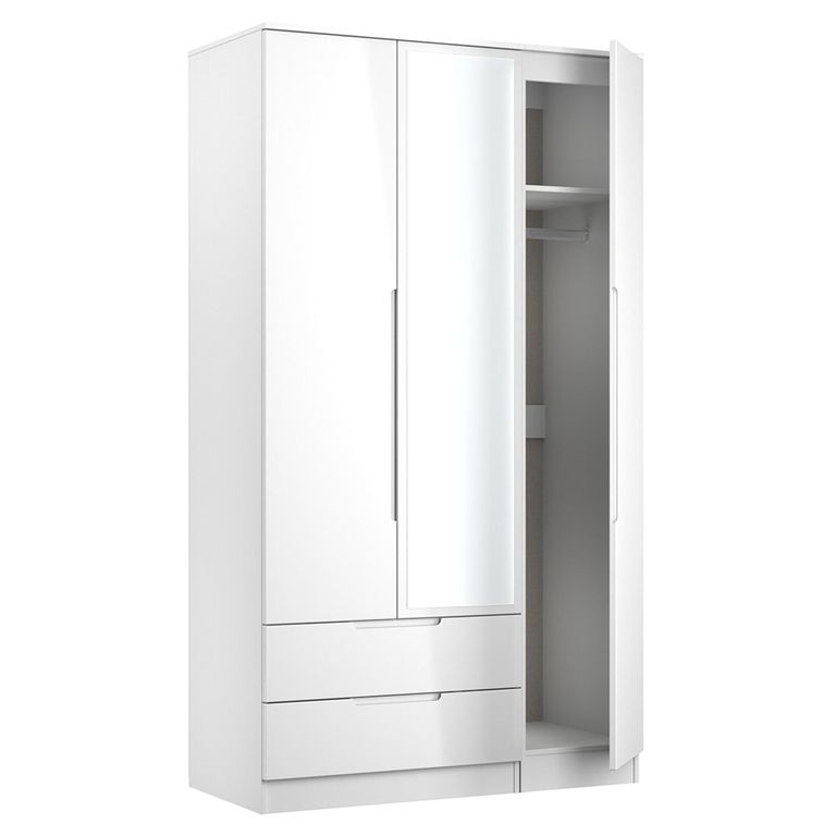 Milan Wardrobe - 3 Door - 1 Mirror - LHF 2 Drawer - Tall - Combi - White Gloss
