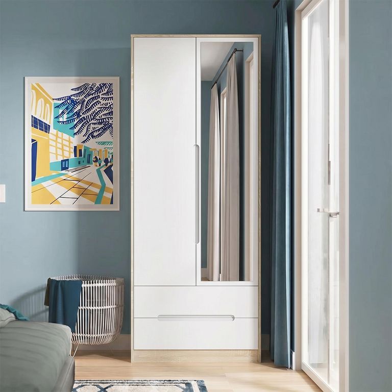 Monaco Wardrobe - 2 Door - 1 Mirror - Tall - Combi - White Matt and Oak