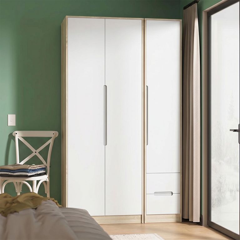 Monaco Wardrobe - 3 Door - RHF 2 Drawer - Tall - Triple - White Matt and Oak