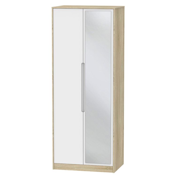 Monaco Wardrobe - 2 Door - 1 Mirror - Tall - White Matt and Oak
