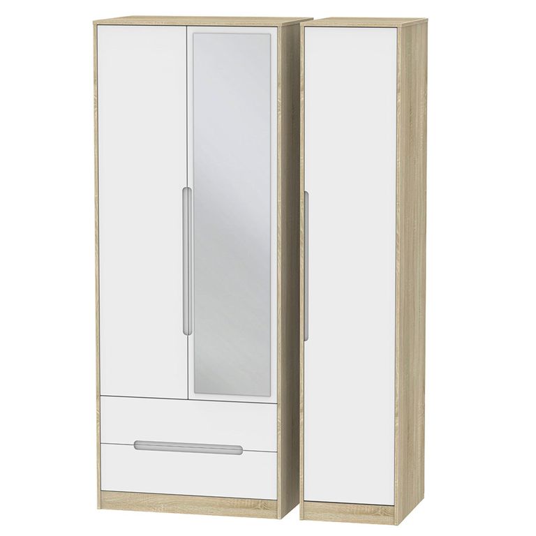 Monaco Wardrobe - 3 Door - 1 Mirror - LHF 2 Drawer - Tall - Combi - White Matt and Oak