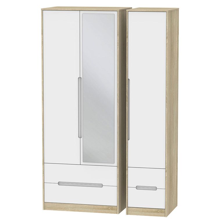Monaco Wardrobe - 3 Door - 1 Mirror - Tall - Combi - White Matt and Oak
