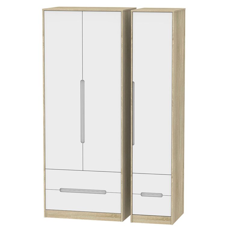 Monaco Wardrobe - 3 Door - 4 Drawer - Tall - Triple - White Matt and Oak