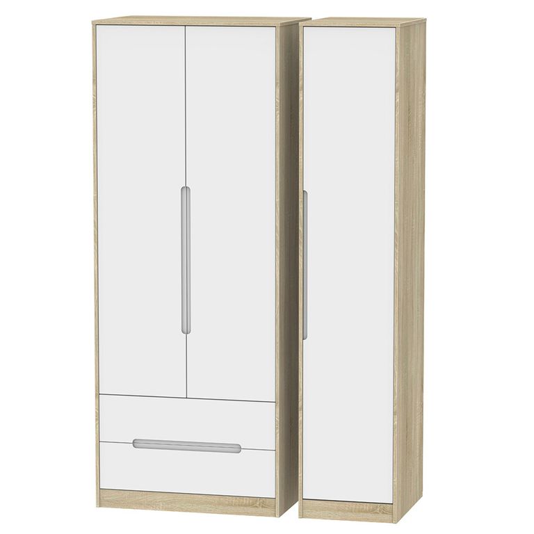 Monaco Wardrobe - 3 Door - LHF 2 Drawer - Tall - Triple - White Matt and Oak