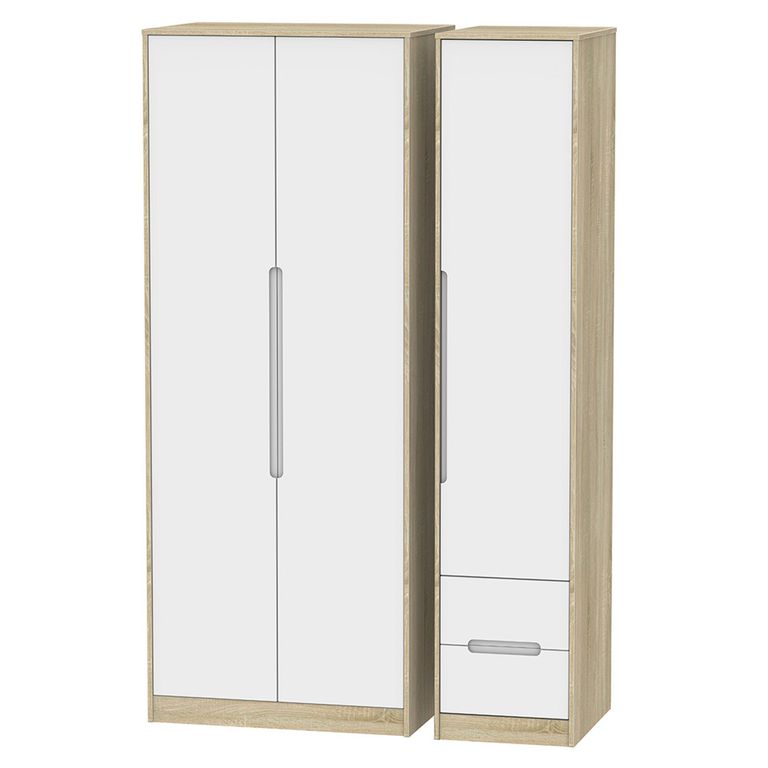Monaco Wardrobe - 3 Door - RHF 2 Drawer - Tall - Triple - White Matt and Oak