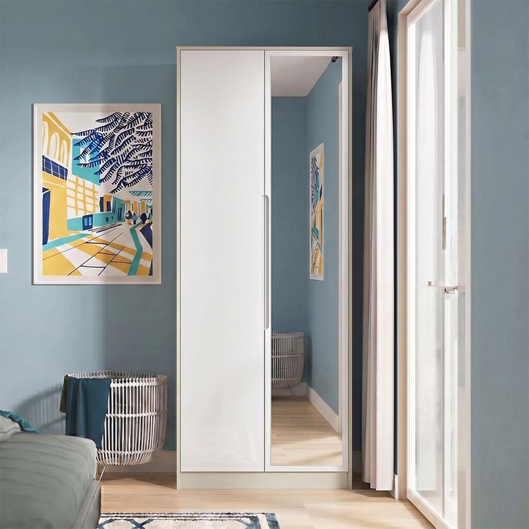 Monaco Wardrobe - 2 Door - 1 Mirror - Tall - White Gloss and Cashmere