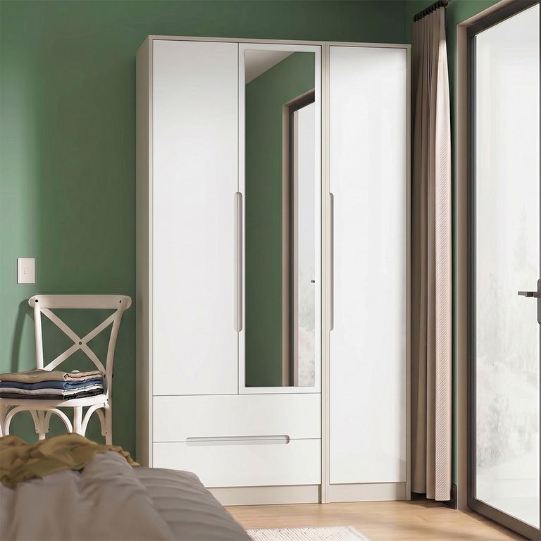 Monaco Wardrobe - 3 Door - 1 Mirror - LHF 2 Drawers - Tall - Combi - White Gloss and Cashmere