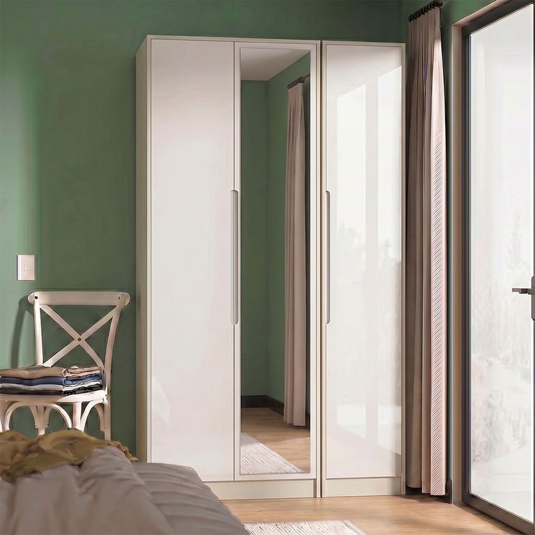 Monaco Wardrobe - 3 Door - 1 Mirror - Tall - Triple - White Gloss and Cashmere