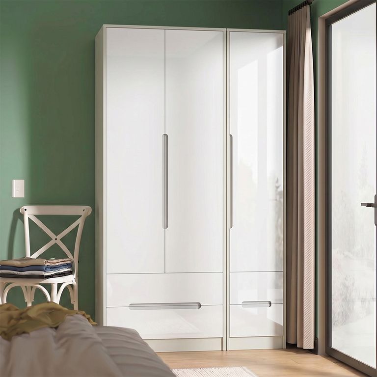 Monaco Wardrobe - 3 Door - 4 Drawers - Tall - Triple - White Gloss and Cashmere