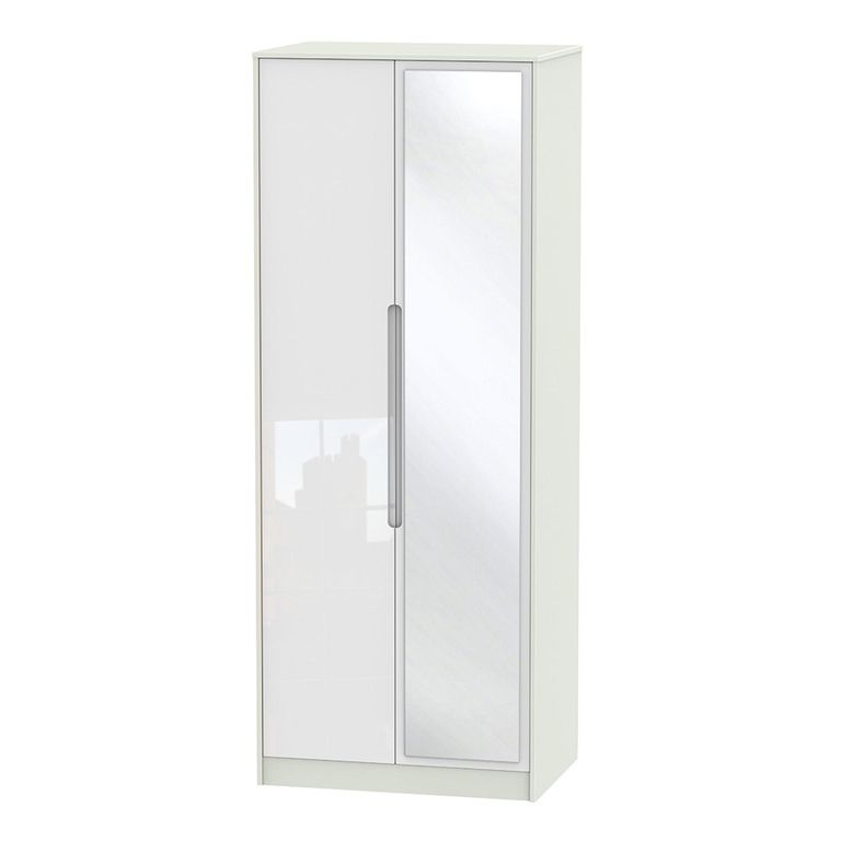 Monaco Wardrobe - 2 Door - 1 Mirror - Tall - White Gloss and Cashmere