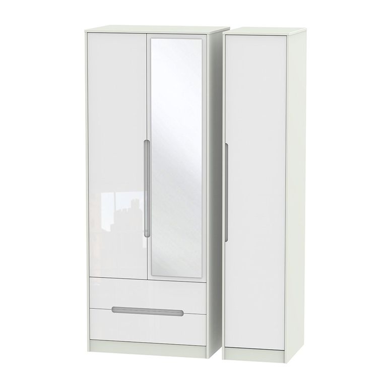 Monaco Wardrobe - 3 Door - 1 Mirror - LHF 2 Drawers - Tall - Combi - White Gloss and Cashmere