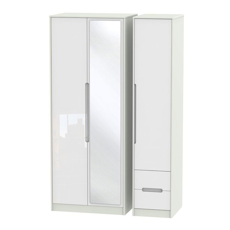 Monaco Wardrobe - 3 Door - 1 Mirror - RHF 2 Drawers - Tall - Combi - White Gloss and Cashmere