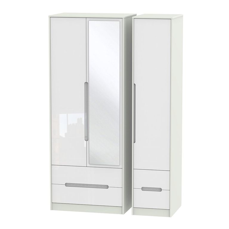 Monaco Wardrobe - 3 Door - 1 Mirror - Tall - Combi - White Gloss and Cashmere