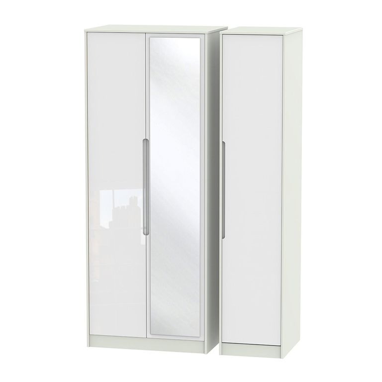 Monaco Wardrobe - 3 Door - 1 Mirror - Tall - Triple - White Gloss and Cashmere