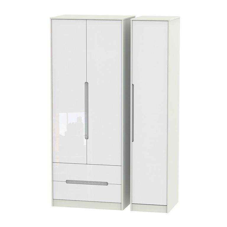 Monaco Wardrobe - 3 Door - LHF 2 Drawers - Tall - Triple - White Gloss and Cashmere