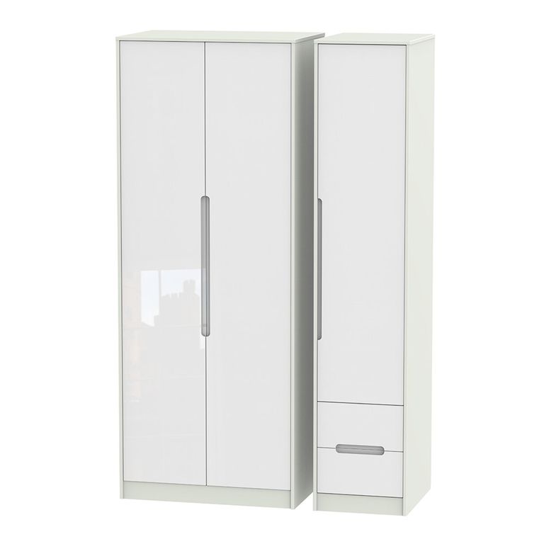 Monaco Wardrobe - 3 Door - RHF 2 Drawers - Tall - Triple - White Gloss and Cashmere