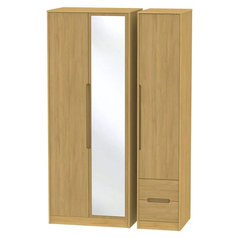 Monaco Wardrobe - 3 Door - 1 Mirror - RHF 2 Drawer - Tall - Combi - Modern Oak