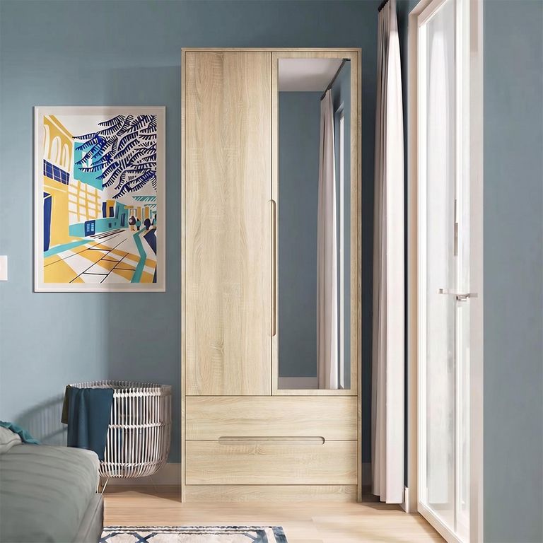 Monaco Wardrobe - 2 Door - 1 Mirror - Tall - Combi - Oak