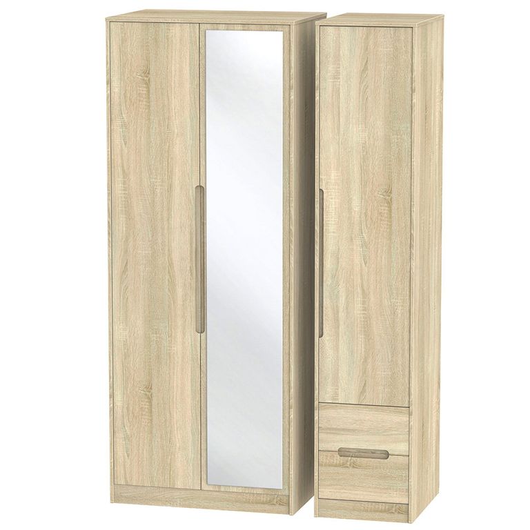 Monaco Wardrobe - 3 Door - 1 Mirror - RHF 2 Drawer - Tall - Combi - Oak