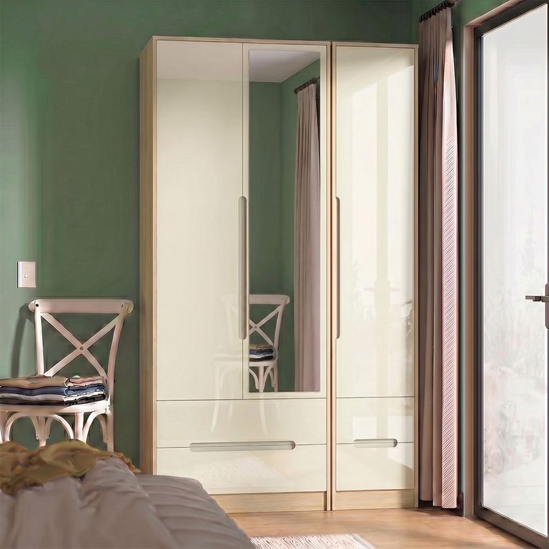 Monaco Wardrobe - 3 Door - 1 Mirror - Tall - Combi - Cream Gloss and Light Oak