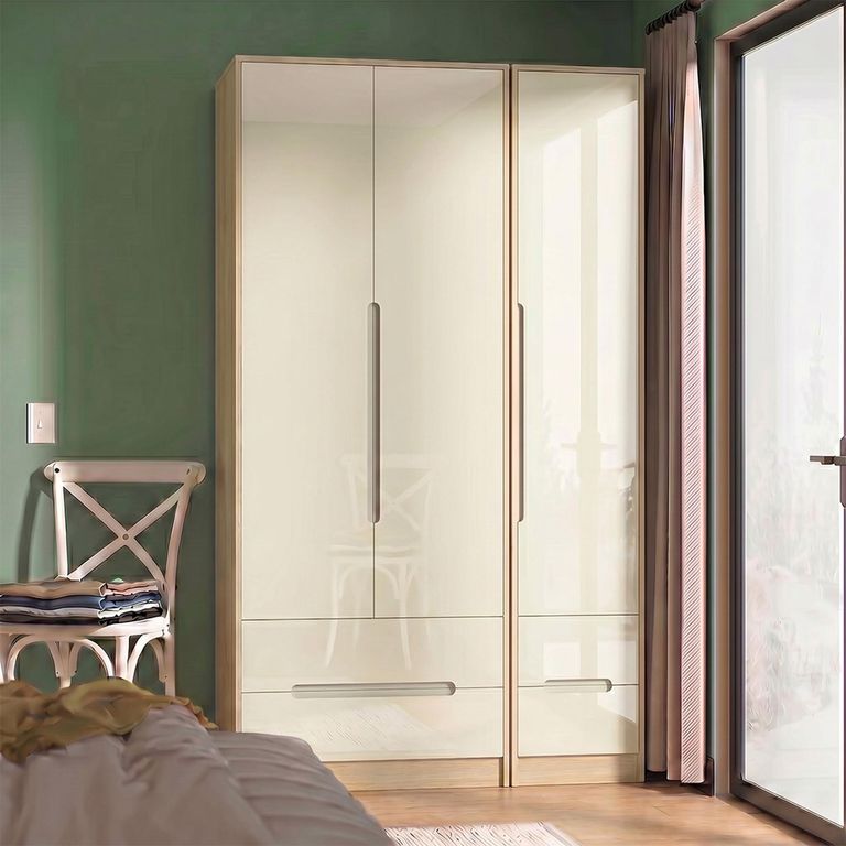 Monaco Wardrobe - 3 Door - 4 Drawers - Tall - Triple - Cream Gloss and Light Oak