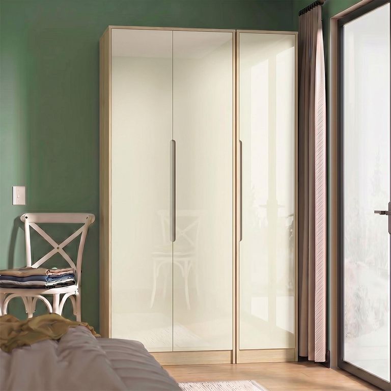 Monaco Wardrobe - 3 Door - Tall - Triple - Cream Gloss and Light Oak