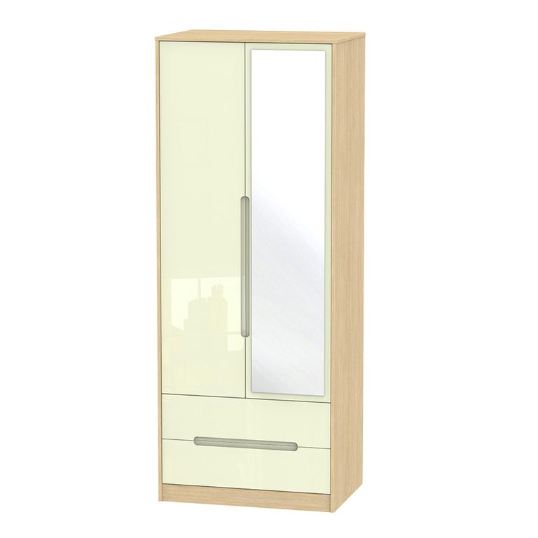 Monaco Wardrobe - 2 Door - 1 Mirror - Tall - Combi - Cream Gloss and Light Oak
