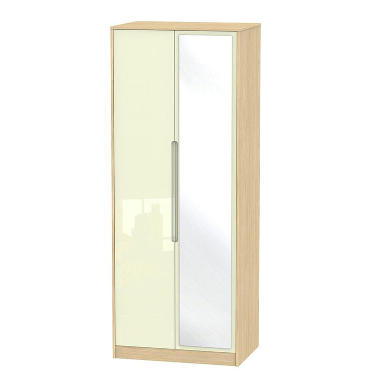 Monaco Wardrobe - 2 Door - 1 Mirror - Tall - Cream Gloss and Light Oak