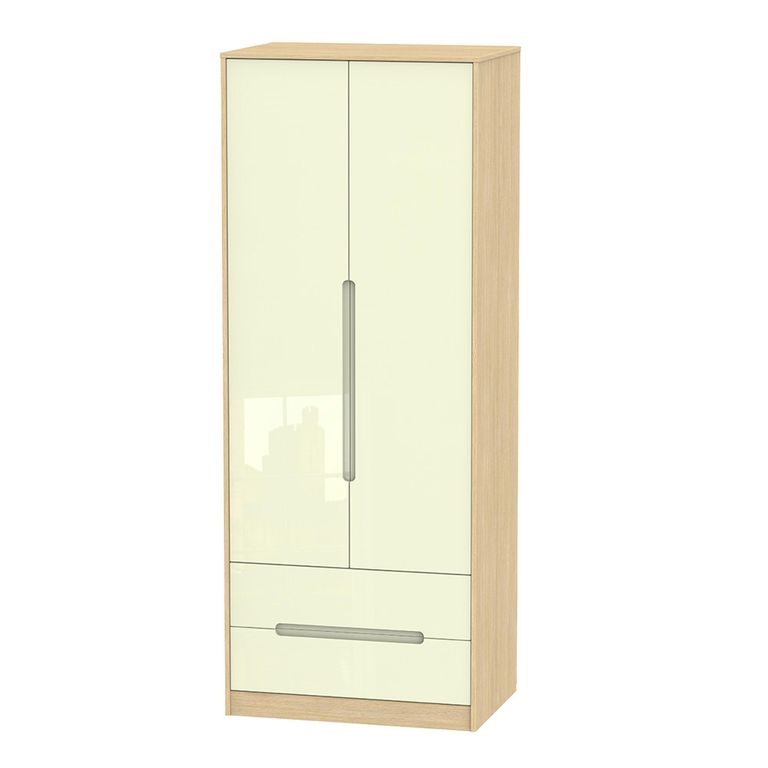 Monaco Wardrobe - 2 Door - 2 Drawer - Tall - Cream Gloss and Light Oak