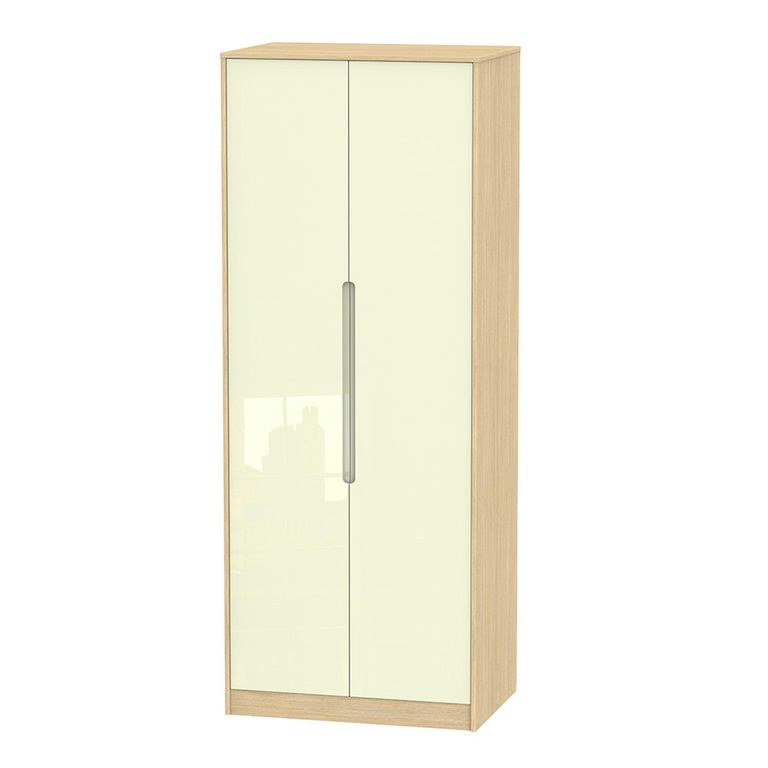 Monaco Wardrobe - 2 Door - Plain - Tall - Cream Gloss and Light Oak